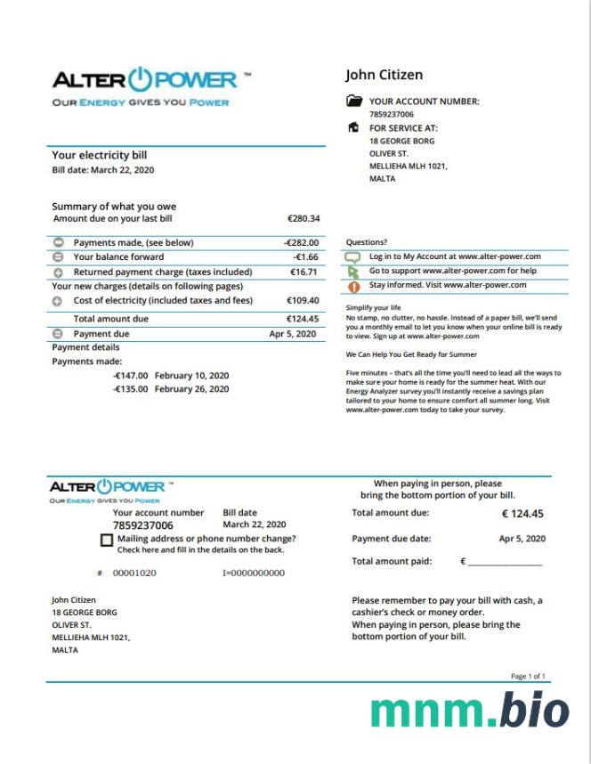 Malta Alterpower Malta dowód adresu szablon rachunku za media w formacie Word i PDF